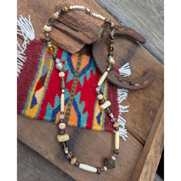 Vintage Glass, Wood & Bone Tribal Necklace, Unisex Beaded Necklace - Picture 2 of 10